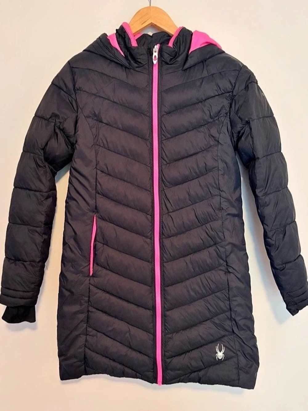 Spyder Girl Boundless Black Winter Hooded Ski Long Puffer Jacket Coat L 14 16